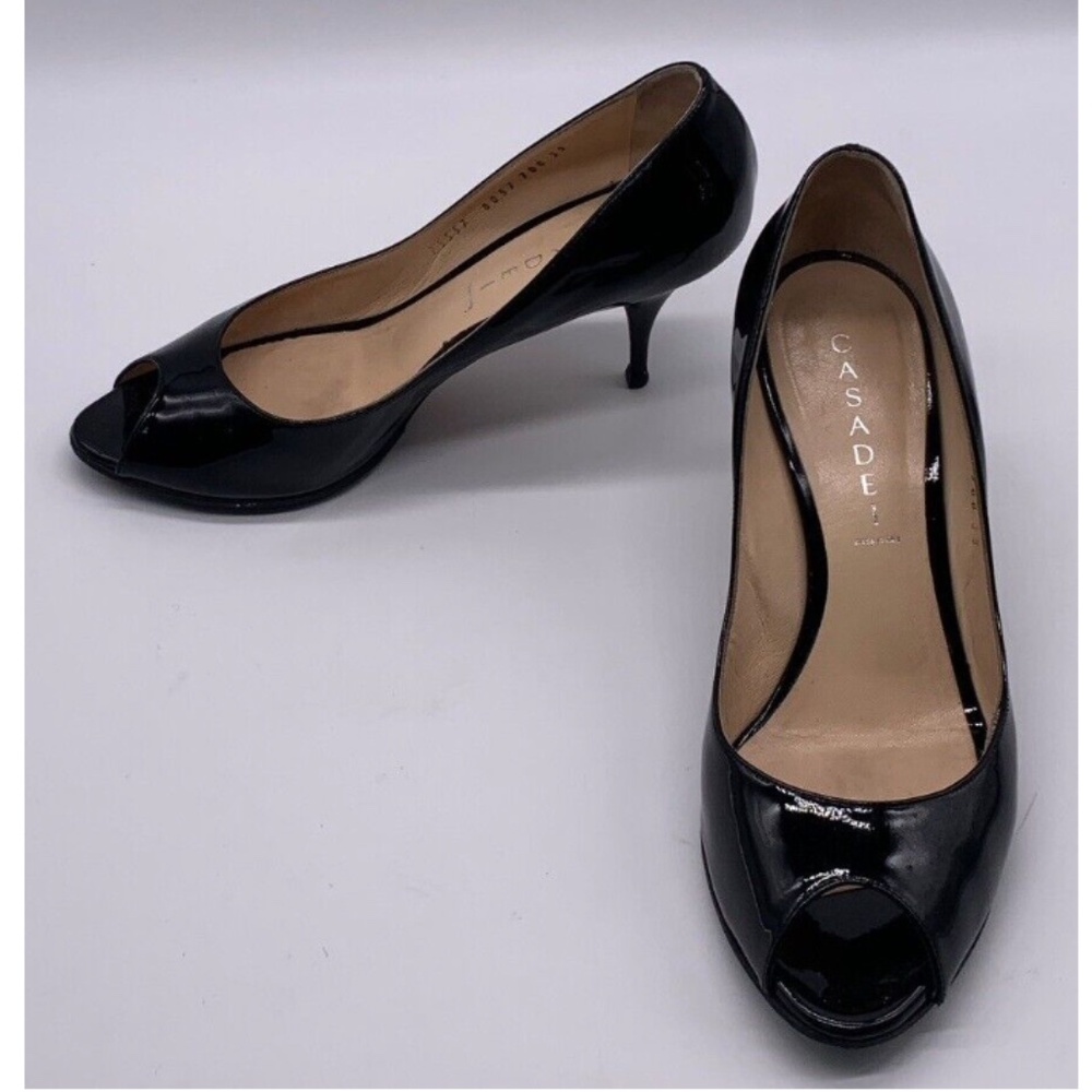 Casadei re-soled black patent leather peep toe pump heel sz 9